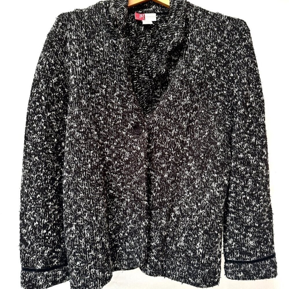 JM Collection Gray Cardigan Heavy Tweed Size Large Cotton EUC Cozy Grandpa